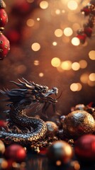 Obraz premium A shimmering dragon coils beside glowing lanterns amid golden bokeh, channeling the power and good-fortune spirit of Lunar New Year—dramatic festive backdrop with generous copy space.