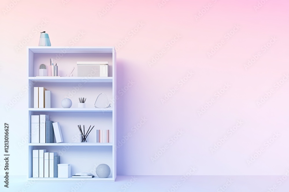 Poster 3d render of minimalist bookshelf filled with office supplies and decorative items displayed against