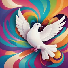 Obraz premium A white dove in flight with a colorful swirling background
