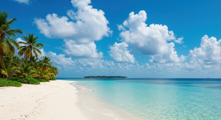 Fototapeta premium A stunning tropical paradise featuring a pristine white sand beach meeting crystal-clear turquoise water.