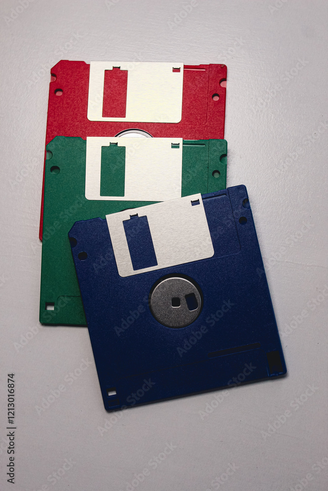Aufkleber several floppy disks hard drive hd diskettes for storage information on retro computers isolated on 