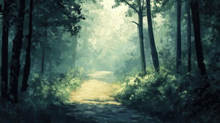 Naklejka premium Serene Forest Path A Misty Morning Walk