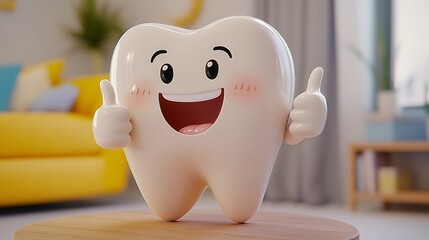 Happy tooth character showing thumbs up promoting dental hygiene