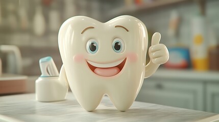 Cheerful cartoon tooth promoting oral hygiene with a thumbs up