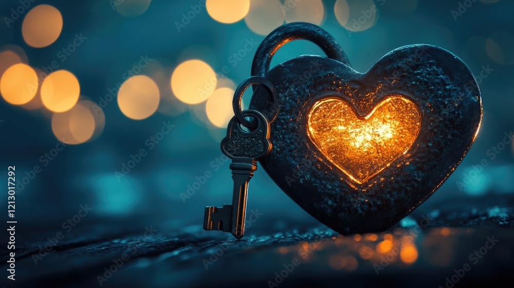 Poster a heart-shaped padlock and key resting on dark surface with blurred lights background