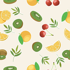seamless print of fruits featuring slices of kiwi, cherries, and whole fruits arranged with green leaves. perfect for any fruit-themed decor.