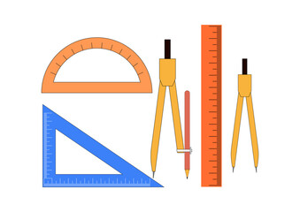 A collection of vector school rulers and a compass in a flat cartoon style, featuring a ruler, triangle ruler, and protractor. Hand-drawn illustration on a white background.