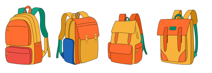 A set of school backpacks and bags in vibrant colors, designed for children. This hand-drawn vector illustration features a modern flat cartoon style.