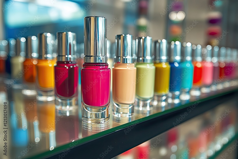 Poster close-up of colorful nail polish bottles lined up on glass shelf with blurred reflections creating d