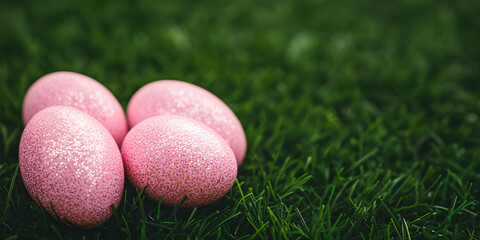 Pink glitter eggs nestled in green grass. A festive springtime scene.