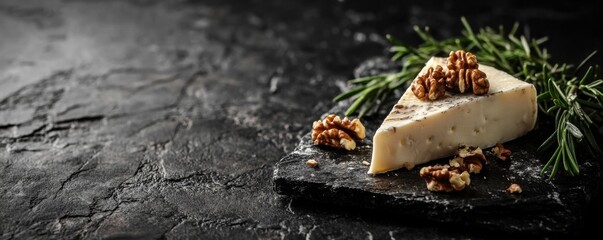 Gourmet cheese board with Parmesan shavings, walnuts and fresh rosemary on dark slate background. Elegant appetizer arrangement for restaurant menu design.