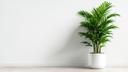 Indoor potted palm plant near white wall. Minimalist home decor