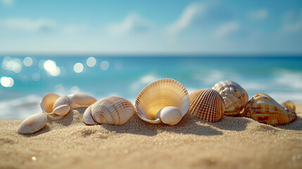 Tropical beach holidays concept. Variety of seashells resting on soft sand with ocean bokeh lights for a peaceful beach experience, relaxation and tranquility