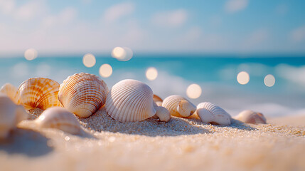 Seashells scattered on soft sand with gentle ocean waves and bokeh lights create a serene beach atmosphere. Summer holidays on a tropical beach, relaxation time