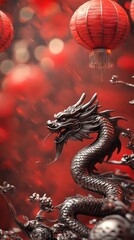 Fototapeta premium Traditional Chinese dragon and lanterns for Lunar New Year. Vertical format for Instagram Stories. 3D rendered oriental dragon with bokeh lights and festive decorations for social media and marketing