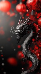 Obraz premium Traditional Chinese dragon and lanterns for Lunar New Year. Vertical format for Instagram Stories. 3D rendered oriental dragon with bokeh lights and festive decorations for social media and marketing