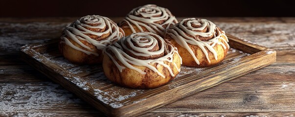 Freshly baked cinnamon rolls drizzled with icing on a rustic wooden serving tray