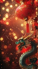 Fototapeta premium Traditional Chinese dragon and lanterns for Lunar New Year. Vertical format for Instagram Stories. 3D rendered oriental dragon with bokeh lights and festive decorations for social media and marketing