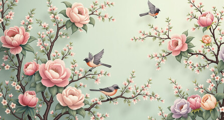  Spring Song in Pastel Tones: Blossoming Branches and Birds in Flight. An exquisite combination of delicate flowers, light wings, fine lines, and a romantic atmosphere that evokes peace and serenity.