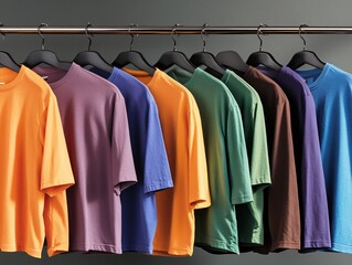 Fototapeta premium Colorful T-Shirts Hanging on Rack, Fashion Apparel, Summer Clothing