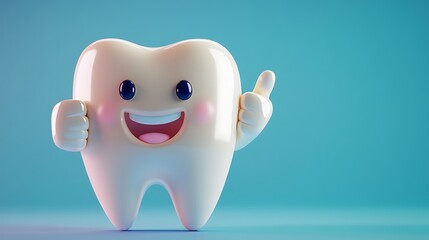 Happy tooth character promoting oral hygiene with a thumbs up