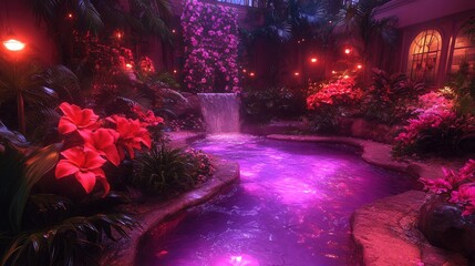 Fototapeta premium Enchanted Waterfall Flows Through Vibrant Tropical Garden at Night, Illuminated by Soft Red and Pink Lights; Serene Oasis of Lush Greenery and Blossoming Flowers Provides Tranquil Escape.
