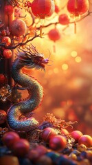 Traditional Chinese dragon and lanterns for Lunar New Year. Vertical format for Instagram Stories. 3D rendered oriental dragon with bokeh lights and festive decorations for social media and marketing