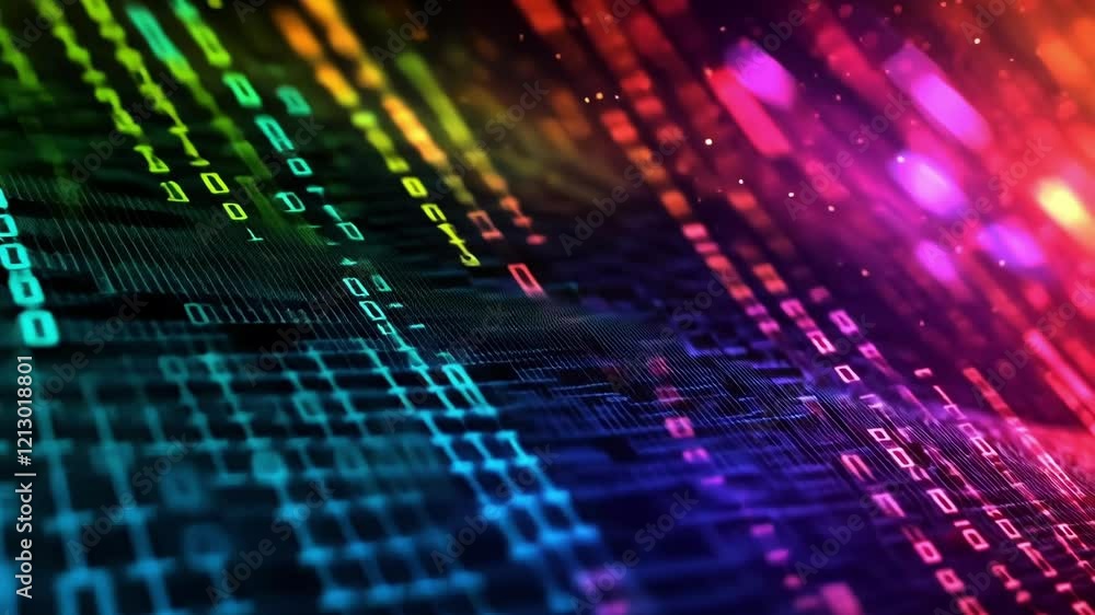 Poster rainbow colored data stream flowing on dark background with glowing particles, representing digital 