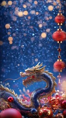 Obraz premium Traditional Chinese dragon and lanterns for Lunar New Year. Vertical format for Instagram Stories. 3D rendered oriental dragon with bokeh lights and festive decorations for social media and marketing