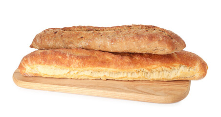 Two freshly baked baguettes isolated on white