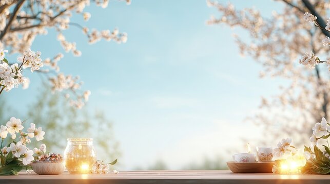 brightly lit haft-seen table outdoors surrounded by blooming trees and traditional nowruz decorations