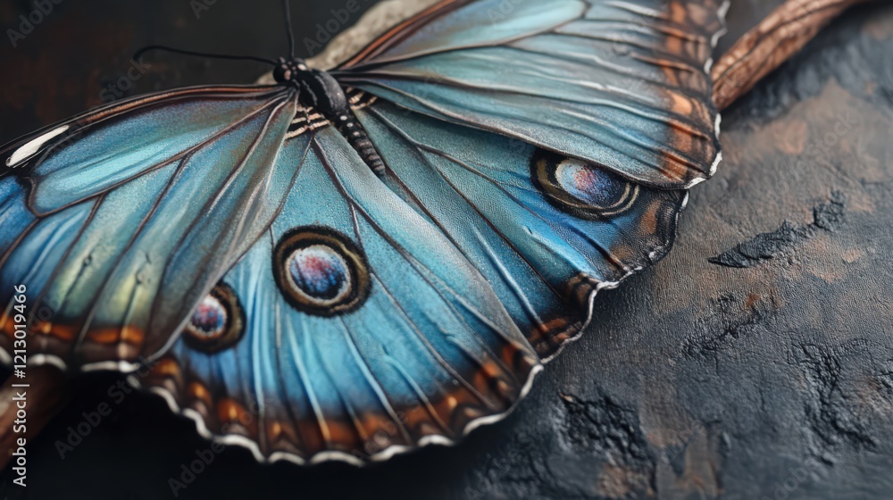 Poster close-up of a blue butterfly with intricate wing patterns on a dark background