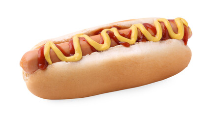 Tasty hot dog with ketchup and mustard isolated on white