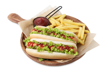 Tasty hot dogs with lettuce, ketchup and potato fries isolated on white