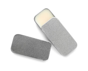 Natural solid perfume in containers isolated on white, top view