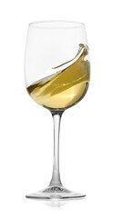 Tasty wine splashing in glass on white background