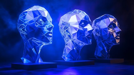 Crystalline Head Sculptures Illuminated In Blue Light
