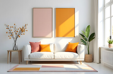 A minimalist living room with a neutral palette featuring pops of bright colors in cushions and art