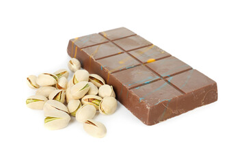 Dubai chocolate bar and pistachios isolated on white