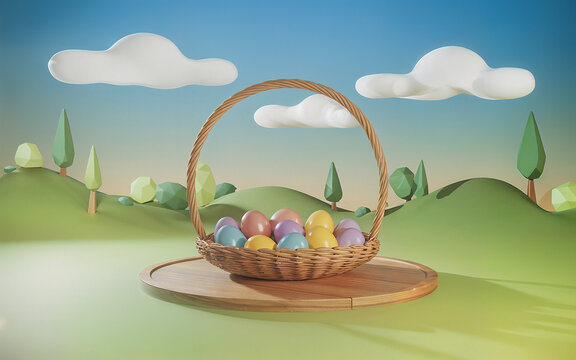 colorful 3d easter eggs in a cartoon style basket, 3d style, surrounded by flowers and greenery