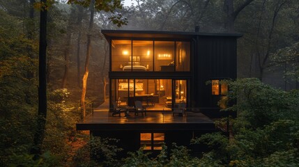 A modern house nestled in a dense forest, with a wooden deck and warm lighting.