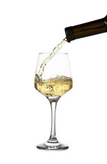 Pouring wine into glass on white background