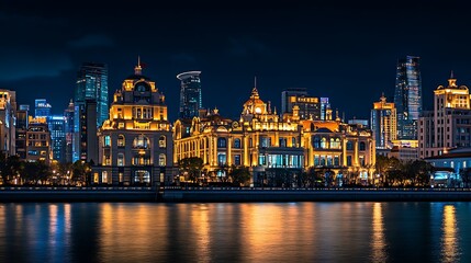 Obraz premium Illuminated Cityscape Waterfront Buildings at Night