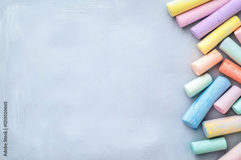 Poster creative flat lay of colorful chalks arranged symmetrically on textured surface with room for blank 