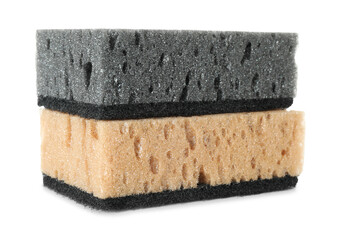 Two soft sponges isolated on white. Cleaning supply