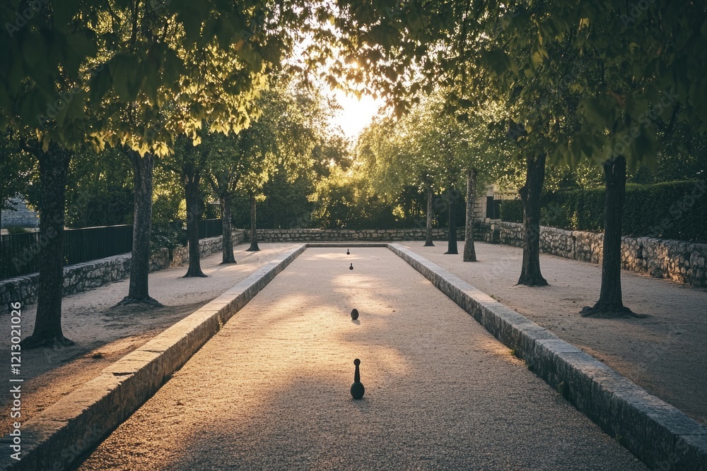 Poster serene shot of empty pétanque court bordered by trees morning light creating calm atmosphere with cl