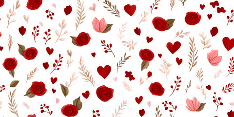 Romantic floral pattern with red roses and hearts. Perfect for Valentine's Day or wedding designs.
