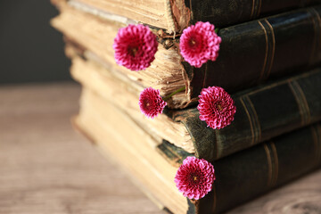 Stack of books and beautiful flowers on table, closeup