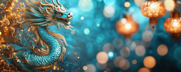 Obraz premium Traditional Chinese dragon and lanterns for Lunar New Year. Wide format perfect for web and email banners. 3D rendered oriental dragon with bokeh lights and festive decorations for digital marketing