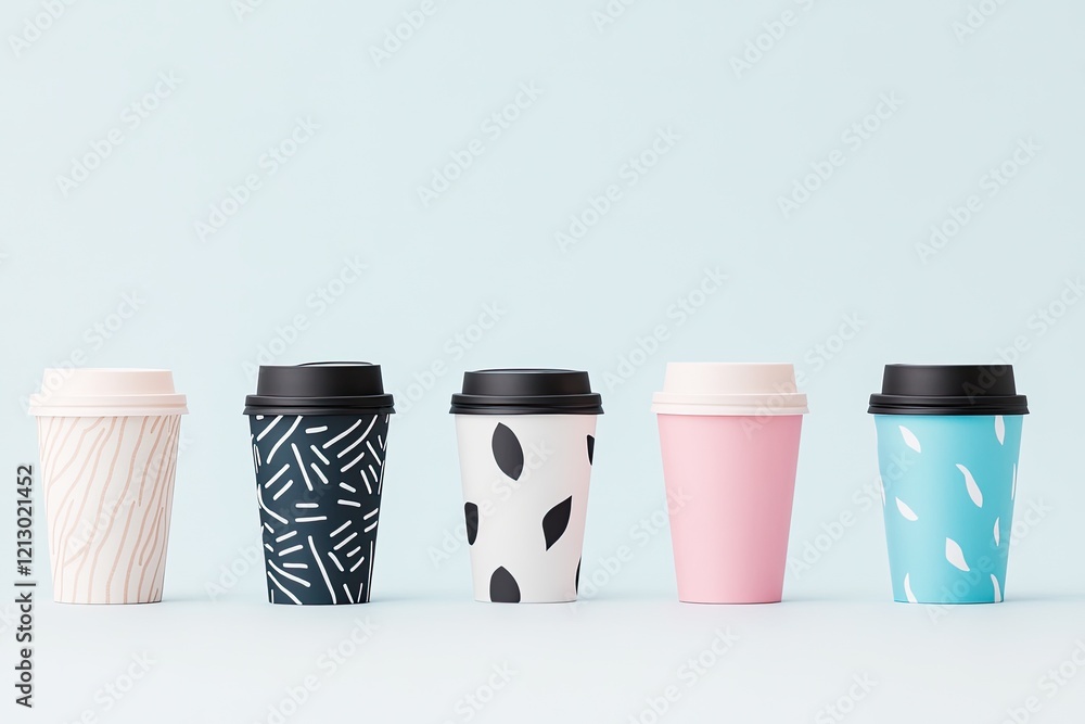 Poster colorful array of reusable cups with creative patterns and eco-friendly designs neatly aligned again